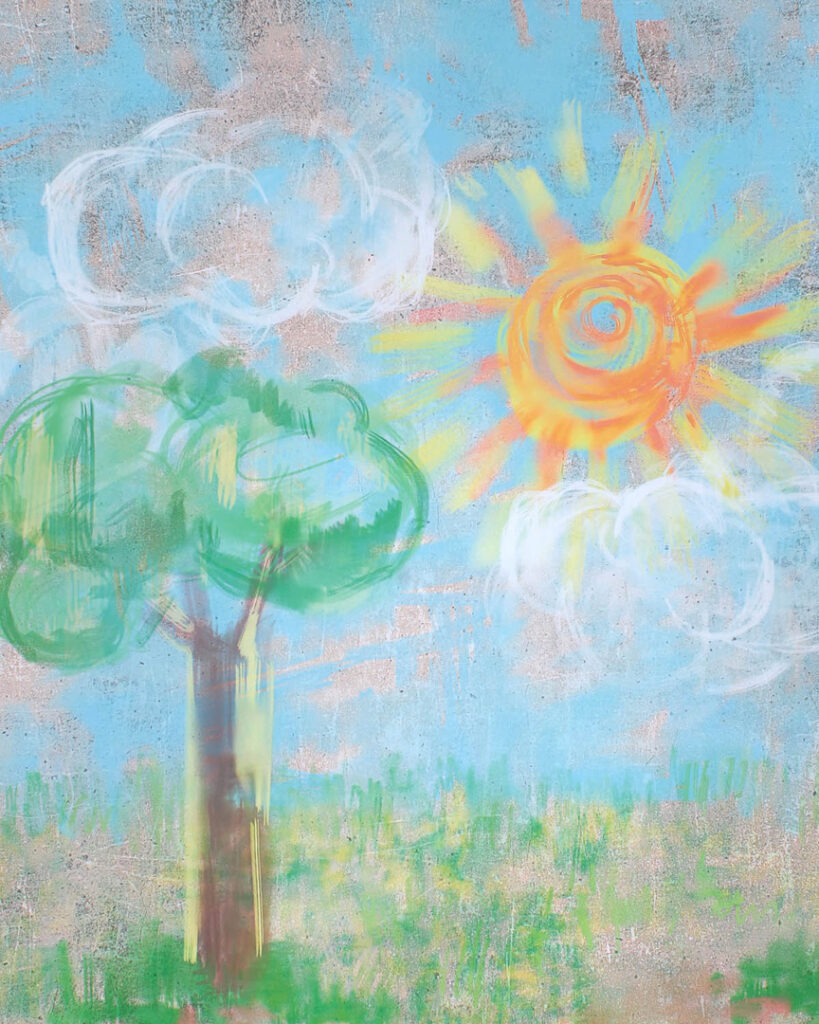 Crayon Drawing with a Tree and Sun