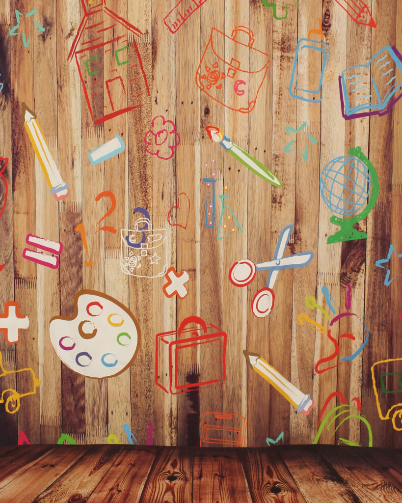 Wood  Wall with Painted School Supplies